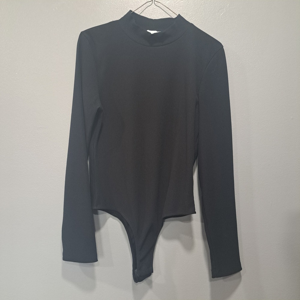 Topshop Womens Ribbed Mock Neck‎ Long Sleeve Bodysuit Black Size US 8-10 Medium